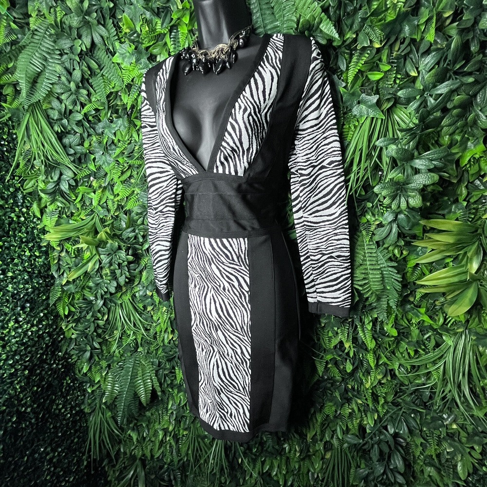 WOW COUTURE Dress Women Large Black White Bandage Bodycon V Neckline Zebra  0616